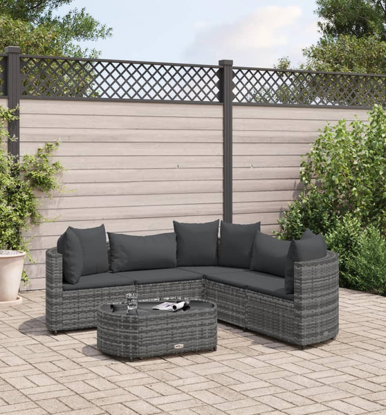 6-tlg. Garten-Sofagarnitur mit Kissen Grau Poly Rattan