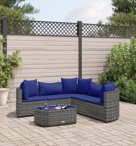6-tlg. Garten-Sofagarnitur mit Kissen Grau Poly Rattan