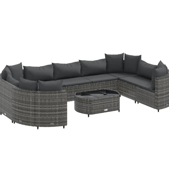 10-tlg. Garten-Sofagarnitur mit Kissen Grau Poly Rattan