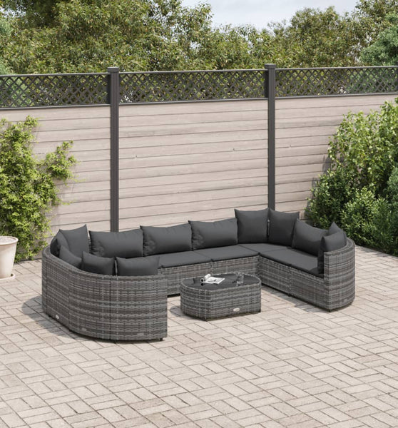 10-tlg. Garten-Sofagarnitur mit Kissen Grau Poly Rattan