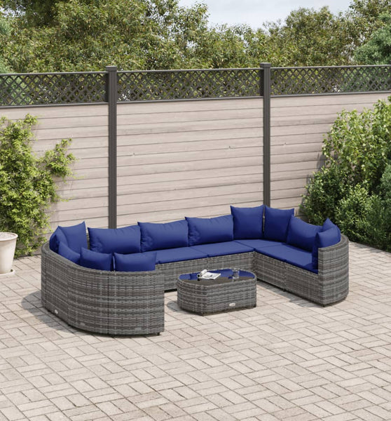 10-tlg. Garten-Sofagarnitur mit Kissen Grau Poly Rattan