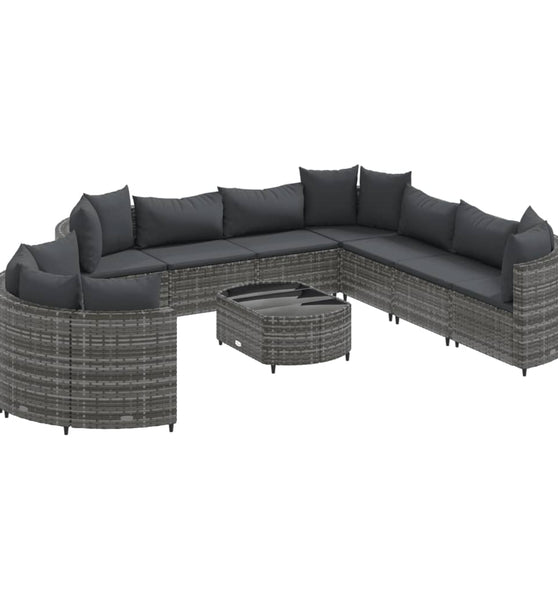 10-tlg. Garten-Sofagarnitur mit Kissen Grau Poly Rattan