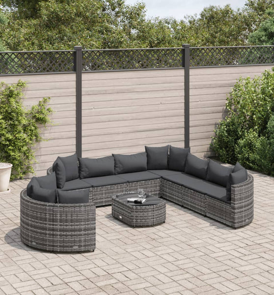 10-tlg. Garten-Sofagarnitur mit Kissen Grau Poly Rattan