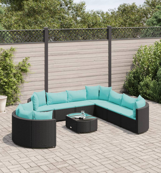 10-tlg. Garten-Sofagarnitur mit Kissen Schwarz Poly Rattan