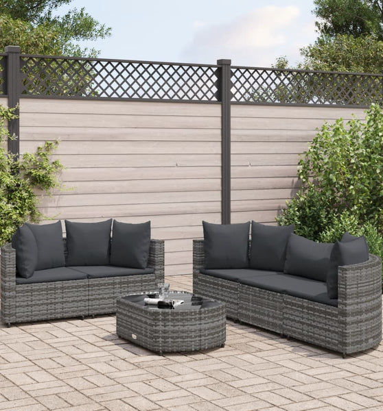 6-tlg. Garten-Sofagarnitur mit Kissen Grau Poly Rattan