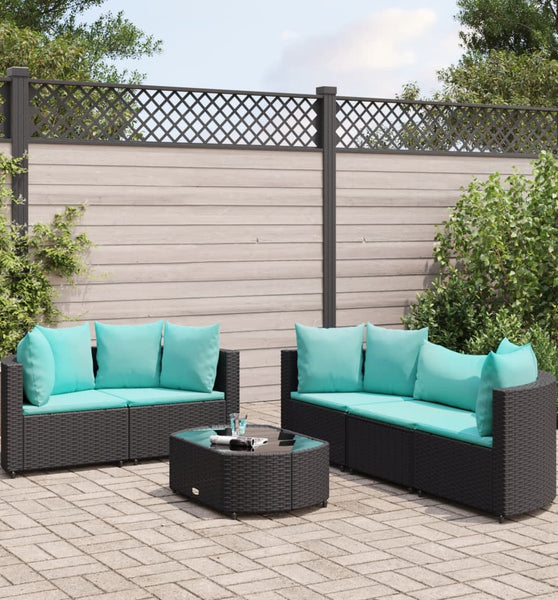 6-tlg. Garten-Sofagarnitur mit Kissen Schwarz Poly Rattan