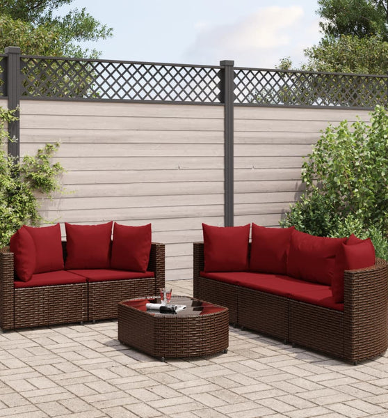 6-tlg. Garten-Sofagarnitur mit Kissen Braun Poly Rattan