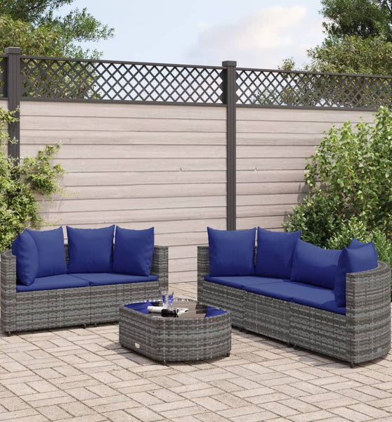 6-tlg. Garten-Sofagarnitur mit Kissen Grau Poly Rattan