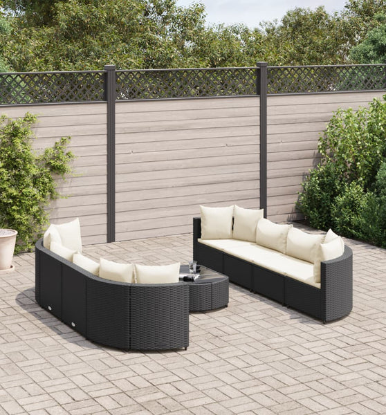 9-tlg. Garten-Sofagarnitur mit Kissen Schwarz Poly Rattan