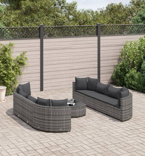 9-tlg. Garten-Sofagarnitur mit Kissen Grau Poly Rattan