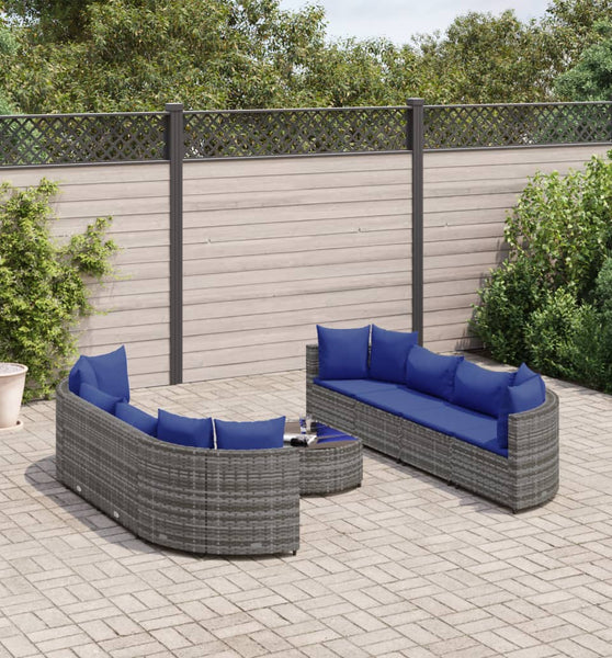 9-tlg. Garten-Sofagarnitur mit Kissen Grau Poly Rattan