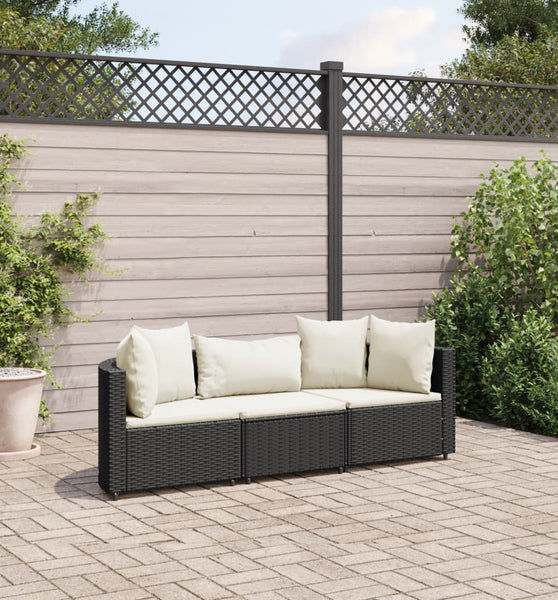 3-tlg. Garten-Sofagarnitur mit Kissen Schwarz Poly Rattan