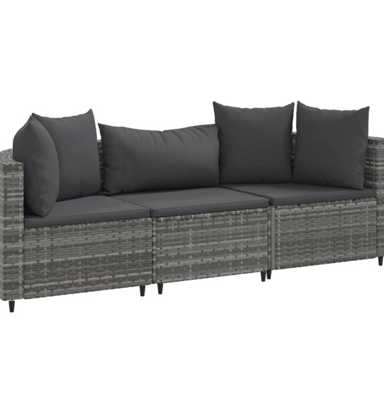 3-tlg. Garten-Sofagarnitur mit Kissen Grau Poly Rattan