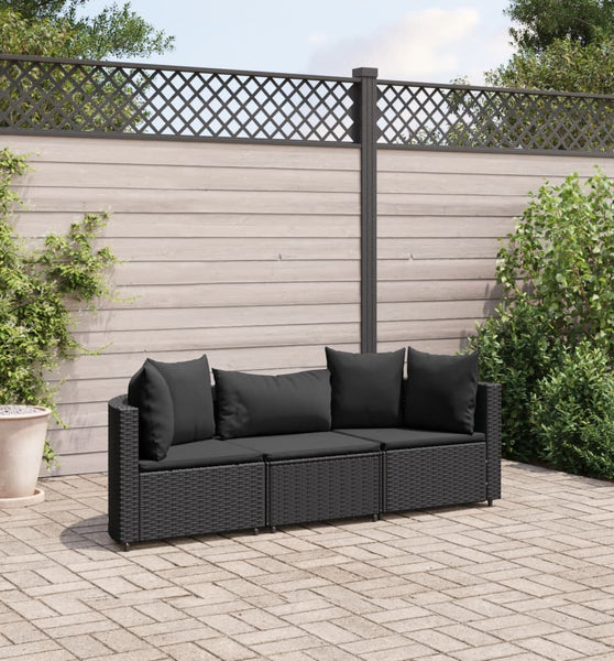 3-tlg. Garten-Sofagarnitur mit Kissen Schwarz Poly Rattan