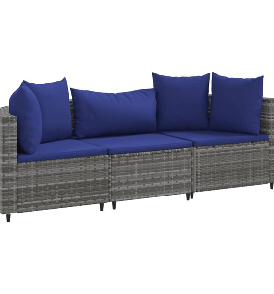 3-tlg. Garten-Sofagarnitur mit Kissen Grau Poly Rattan