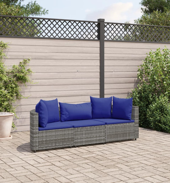 3-tlg. Garten-Sofagarnitur mit Kissen Grau Poly Rattan