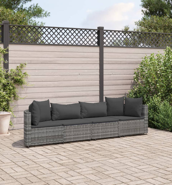 4-tlg. Garten-Sofagarnitur mit Kissen Grau Poly Rattan