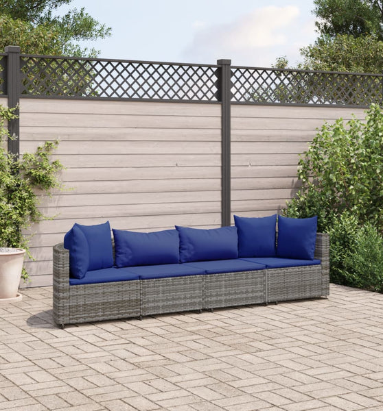 4-tlg. Garten-Sofagarnitur mit Kissen Grau Poly Rattan