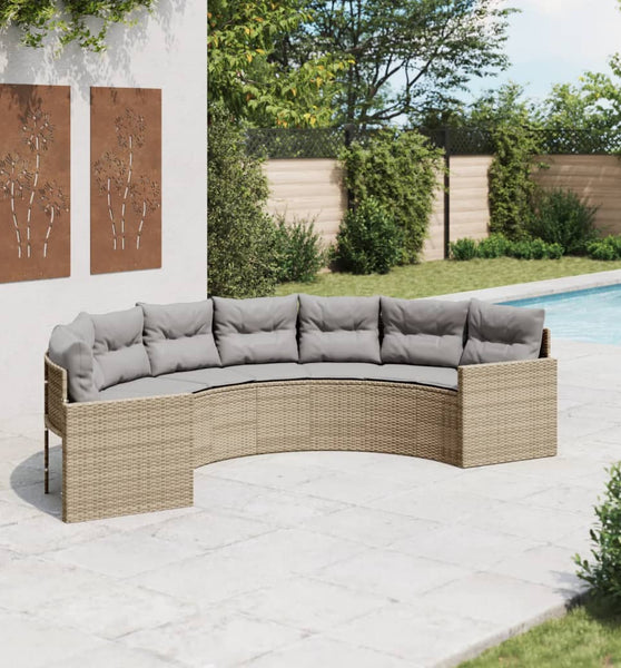 Gartensofa mit Kissen Halbrund Beige Poly-Rattan