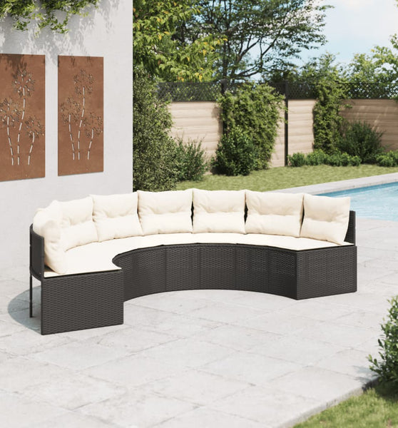 Gartensofa mit Kissen Halbrund Schwarz Poly-Rattan