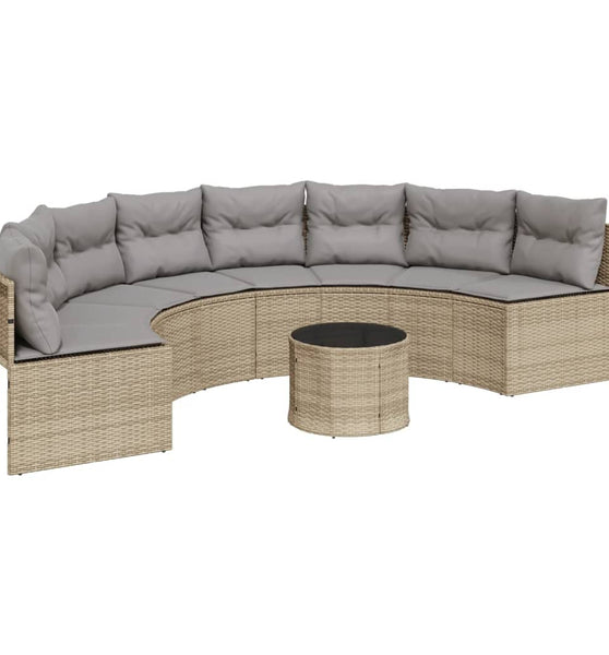 Gartensofa mit Tisch und Kissen Halbrund Beige Poly-Rattan