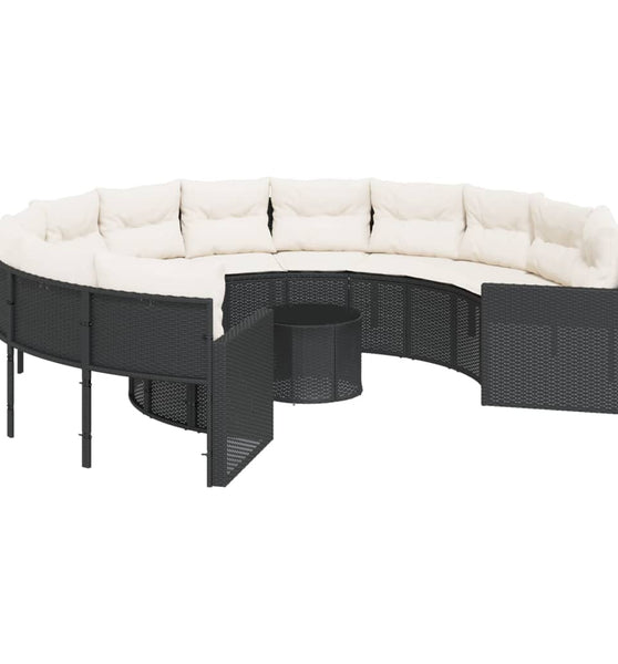 Gartensofa mit Tisch und Kissen Rund Schwarz Poly-Rattan