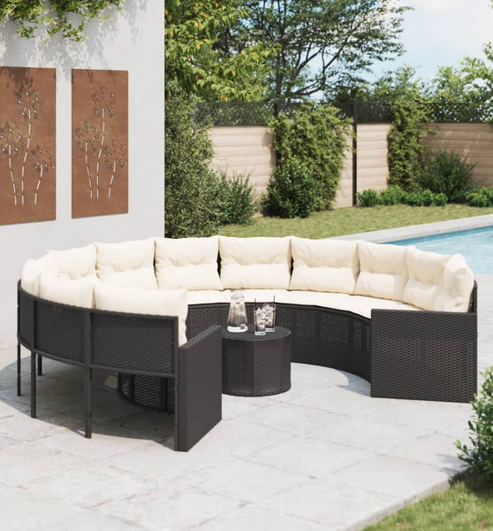 Gartensofa mit Tisch und Kissen Rund Schwarz Poly-Rattan