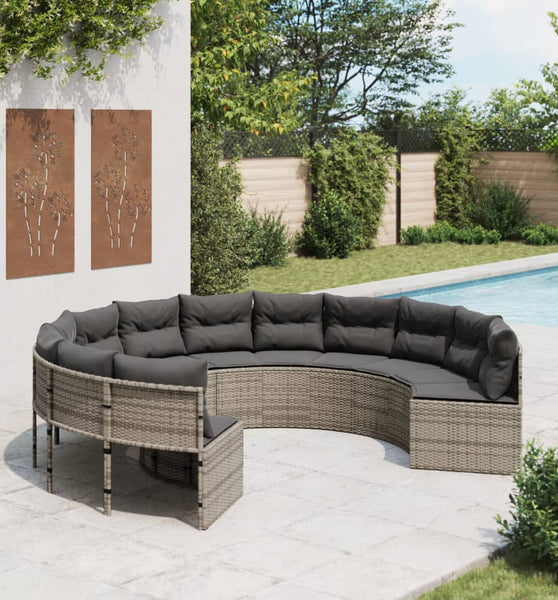 Gartensofa mit Kissen Rund Grau Poly Rattan