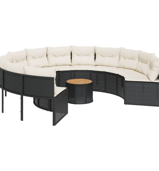 Gartensofa mit Tisch und Kissen Rund Schwarz Poly-Rattan