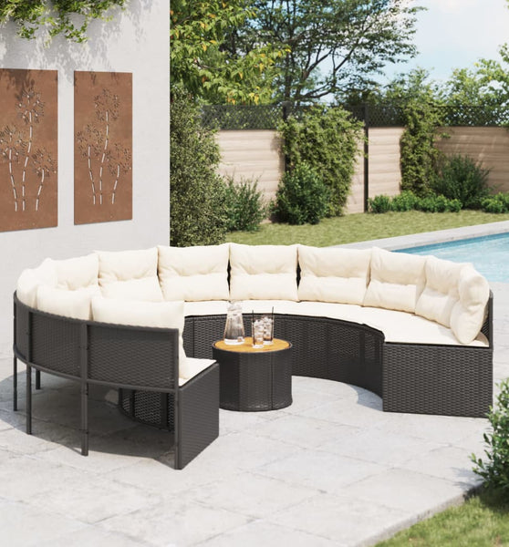 Gartensofa mit Tisch und Kissen Rund Schwarz Poly-Rattan