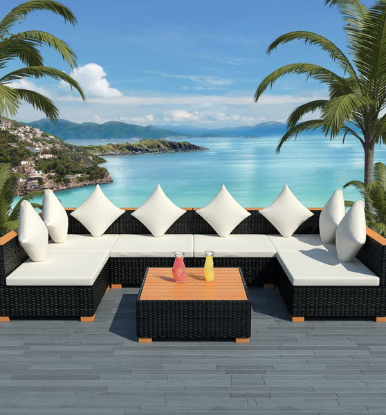 7-tlg. Garten-Lounge-Set mit Auflagen Poly Rattan Schwarz