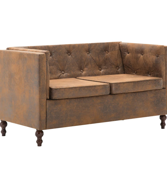 Chesterfield-Sofa 2-Sitzer Stoffbezug Braun Wildleder-Optik