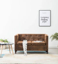 Chesterfield-Sofa 2-Sitzer Stoffbezug Braun Wildleder-Optik