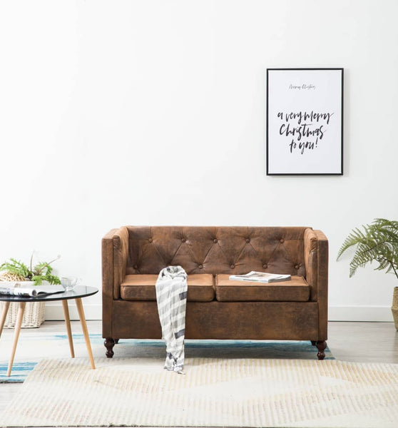 Chesterfield-Sofa 2-Sitzer Stoffbezug Braun Wildleder-Optik