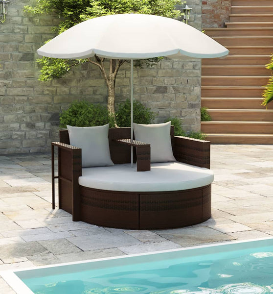 Gartenbett mit Sonnenschirm Braun Poly Rattan