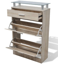 Schuhschrank mit Schubfach & oberes Glasregal Holz Eichenoptik