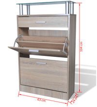 Schuhschrank mit Schubfach & oberes Glasregal Holz Eichenoptik