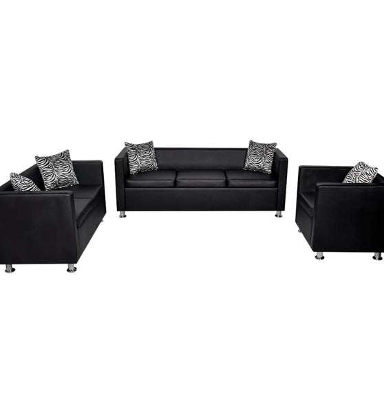 Sofa-Set Kunstleder 3-Sitzer + 2-Sitzer + Sessel Schwarz