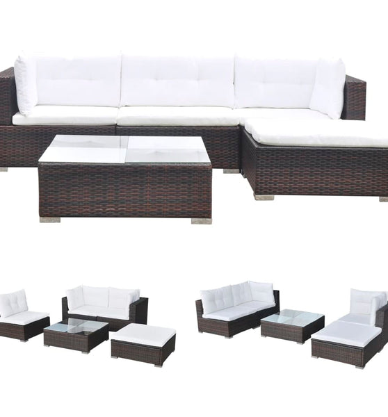 5-tlg. Garten-Lounge-Set mit Auflagen Poly Rattan Braun