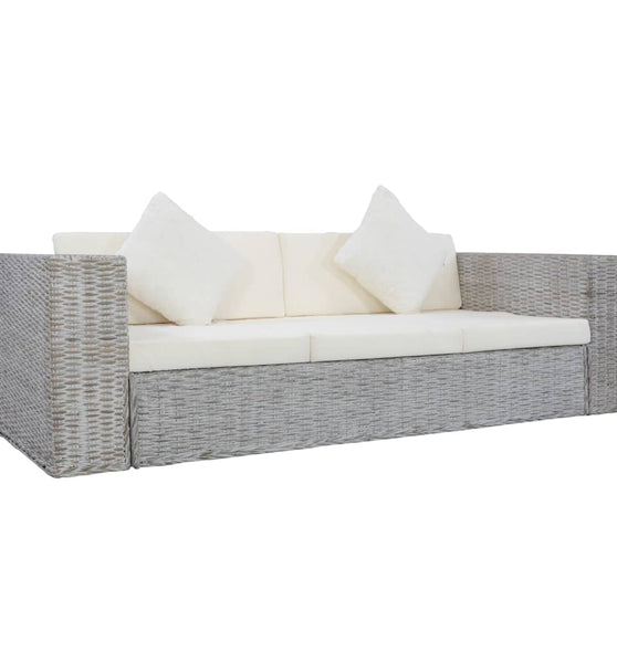3-Sitzer-Sofa mit Kissen Grau Natürliches Rattan
