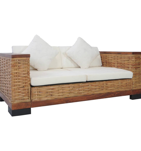 2-Sitzer-Sofa mit Auflagen Braun Natur Rattan