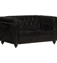 Chesterfield-Sofa 2-Sitzer Schwarz Echtleder