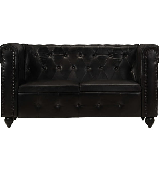 Chesterfield-Sofa 2-Sitzer Schwarz Echtleder