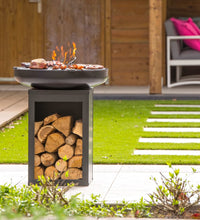 Feuerschale mit Grill und Holzfach Stahl Mattschwarz