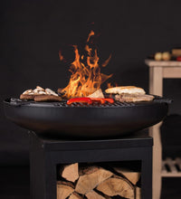 Feuerschale mit Grill und Holzfach Stahl Mattschwarz