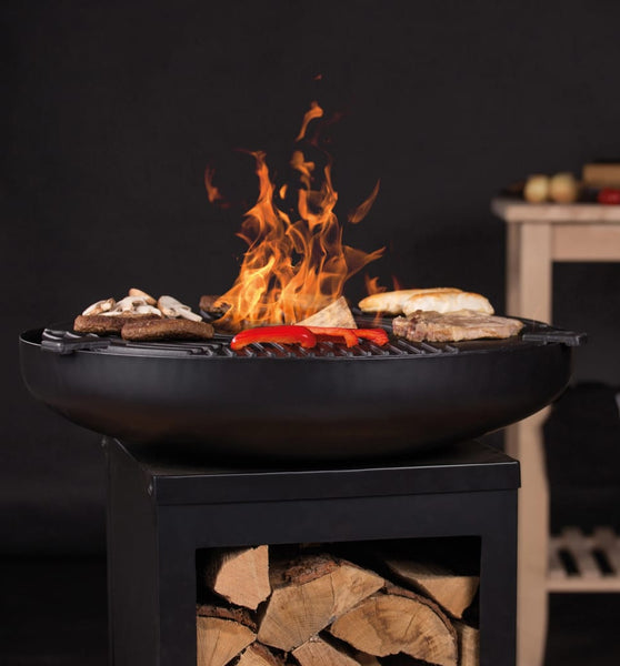 RedFire Feuerschale mit Grill und Holzfach Stahl Mattschwarz