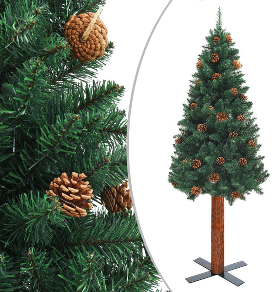 Weihnachtsbaum Schlank mit Echtholz und Zapfen Grün 150 cm PVC