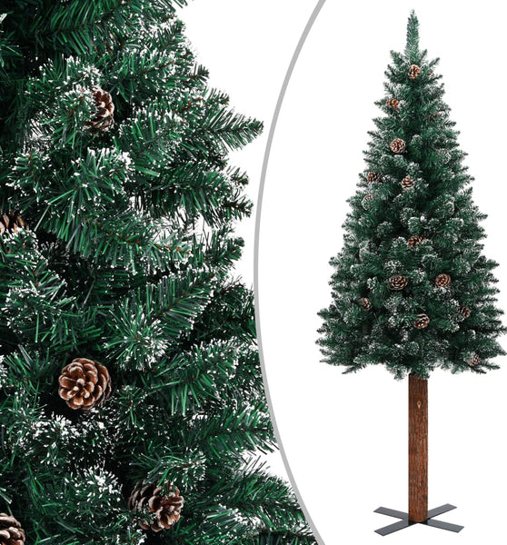 Weihnachtsbaum Schlank mit Echtholz und Schnee Grün 150 cm