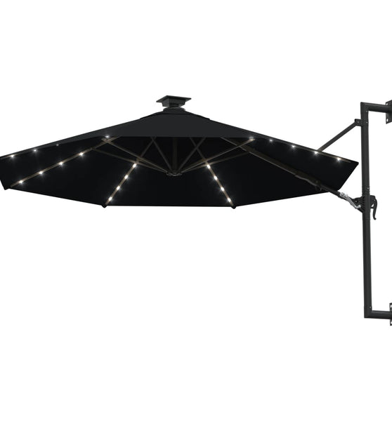 Sonnenschirm Wandmontage mit LEDs und Metallmast 300 cm Schwarz