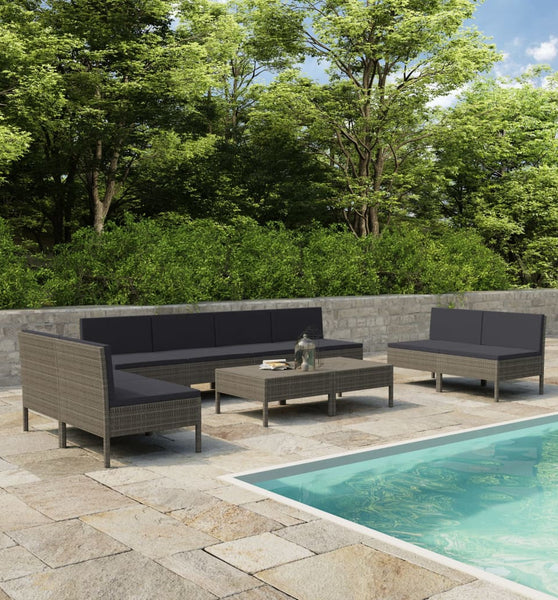 10-tlg. Garten-Lounge-Set mit Auflagen Poly Rattan Grau
